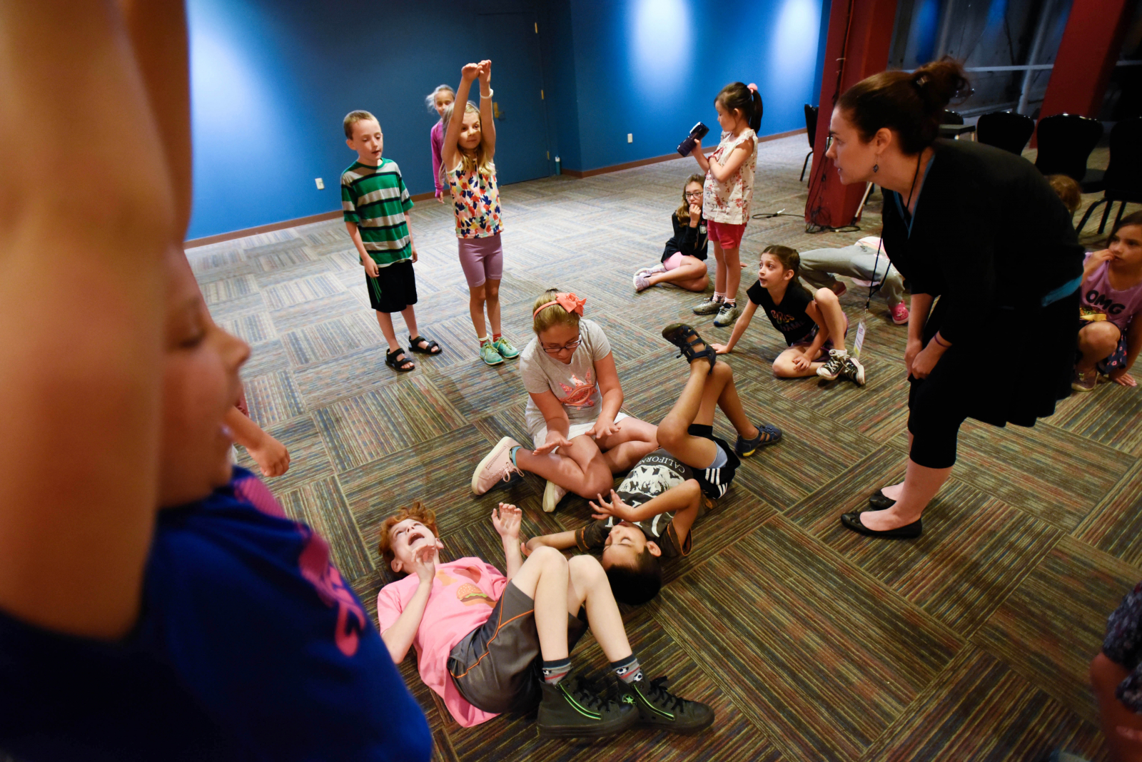 Kids create scenes for "The Three Little Pigs" during Acting Out, part of the School of the Performing Arts Summer Program at Proctors Tuesday, July 11, 2017.