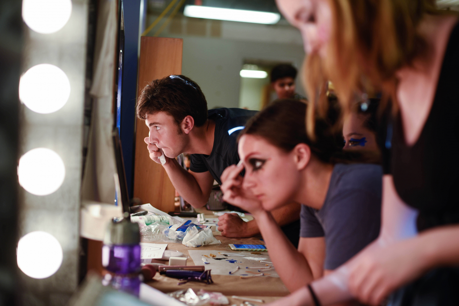 Broadway Camp students practice their stage makeup for Pippin during a workshop at Proctors Wednesdy, July 19, 2017.