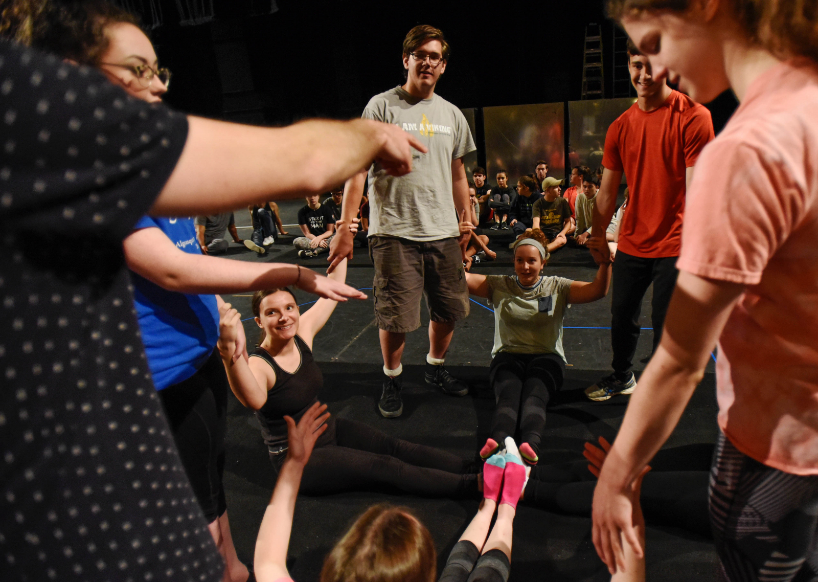 Broadway Camp students learn tumbling and perform partner exercises during their circus workshop at Proctors Thursday, July 13, 2017.