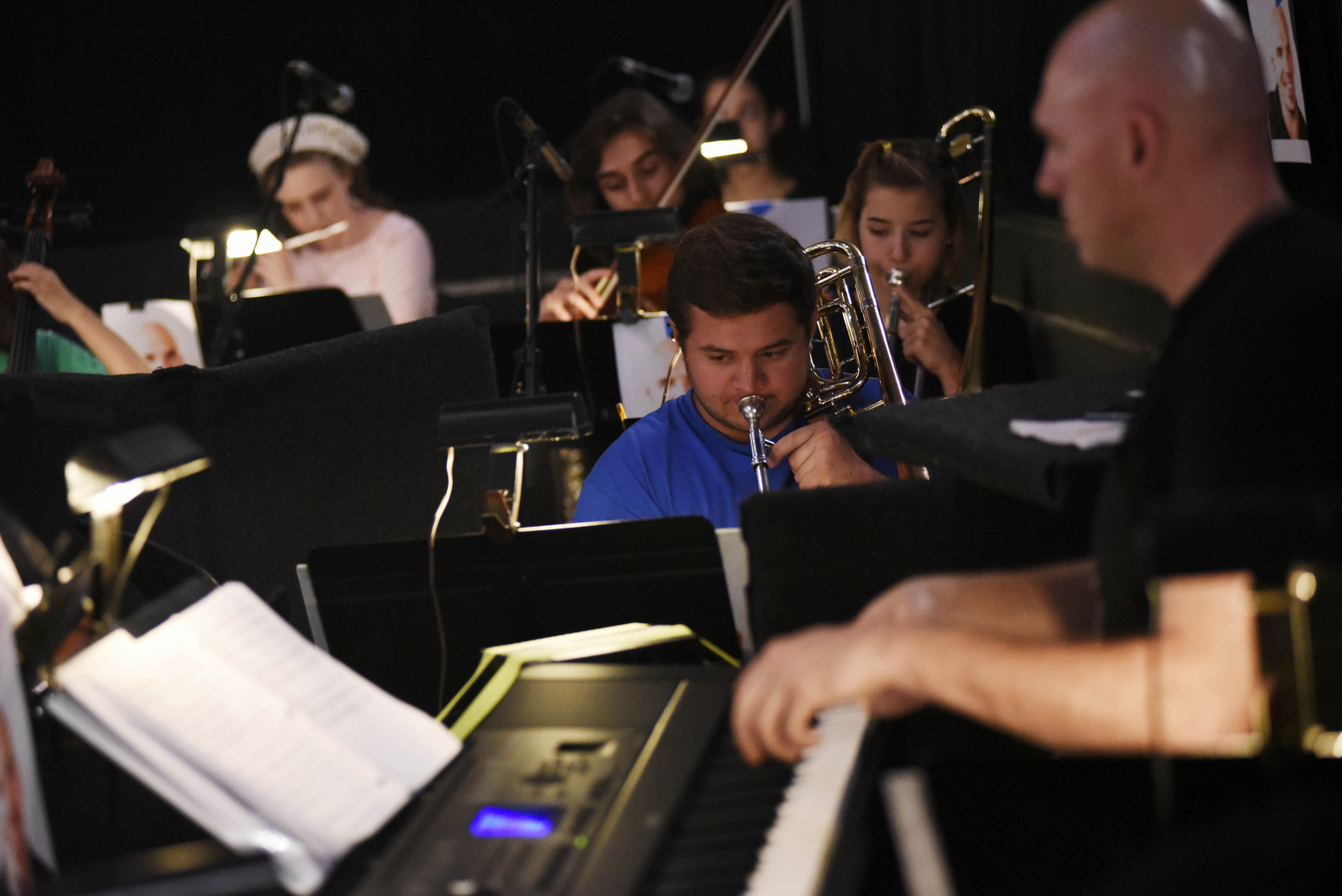 Broadway Camp: Musicians rehearse in the pit for Pippin the day before their first performance Thursday, August 3, 2017.