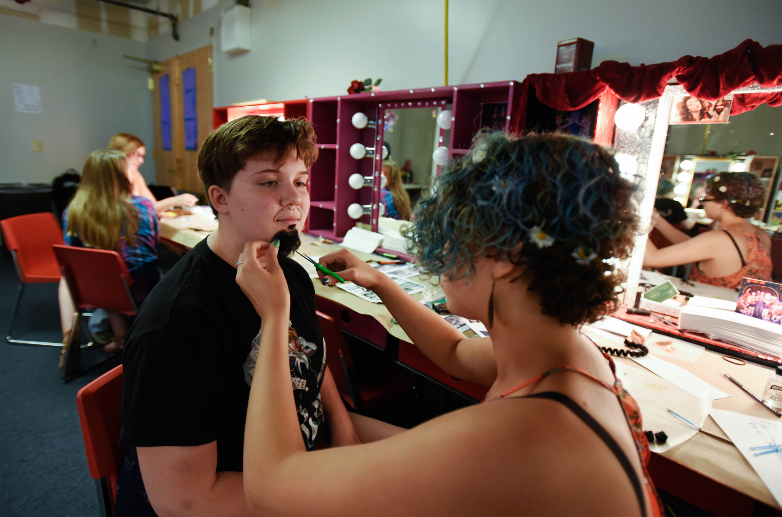 Students from Creating Effects: Advanced Make-Up Techniques learn how to apply facial hair Thursday, August 3, 2017.