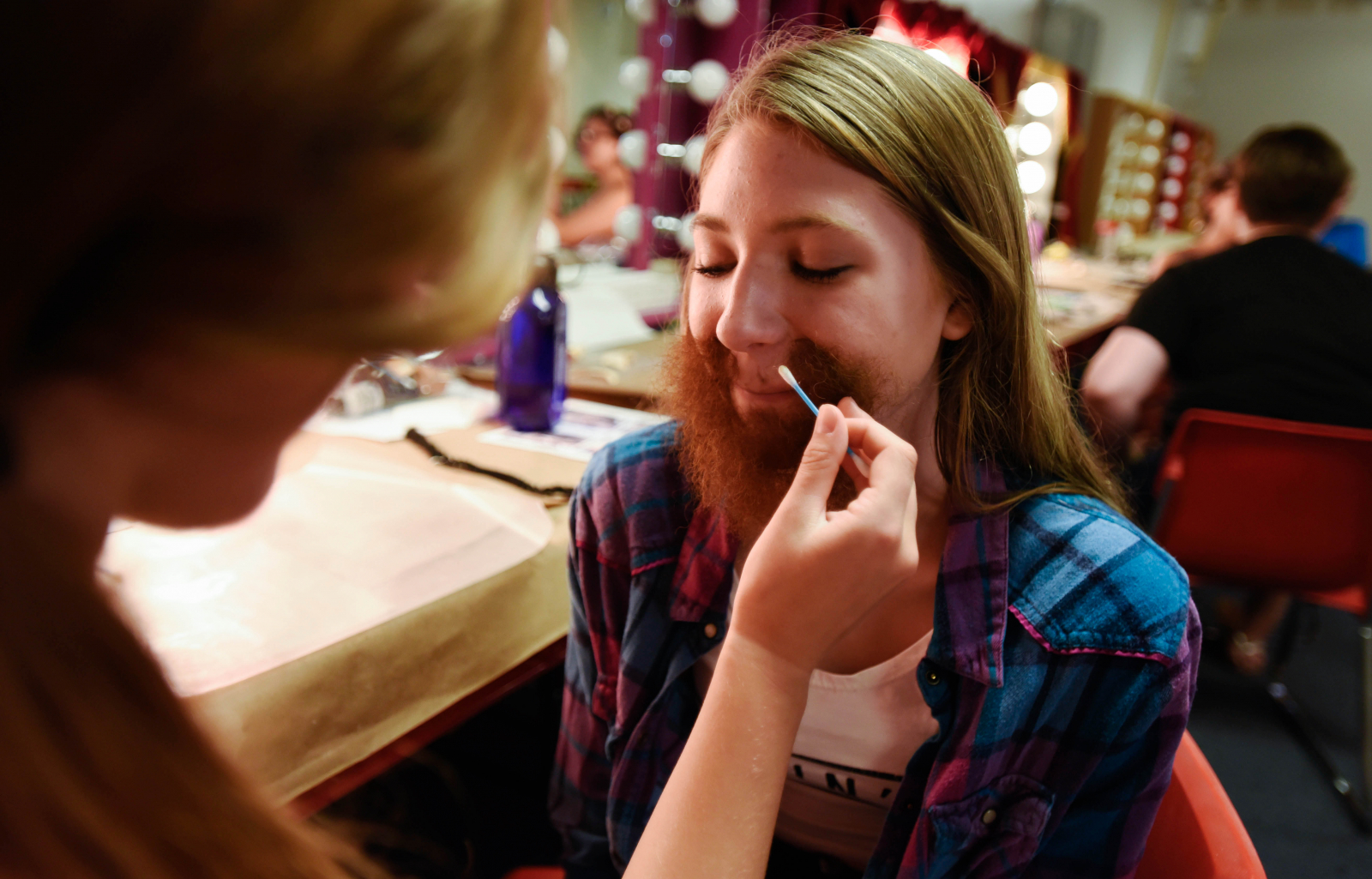 Students from Creating Effects: Advanced Make-Up Techniques learn how to apply facial hair Thursday, August 3, 2017.